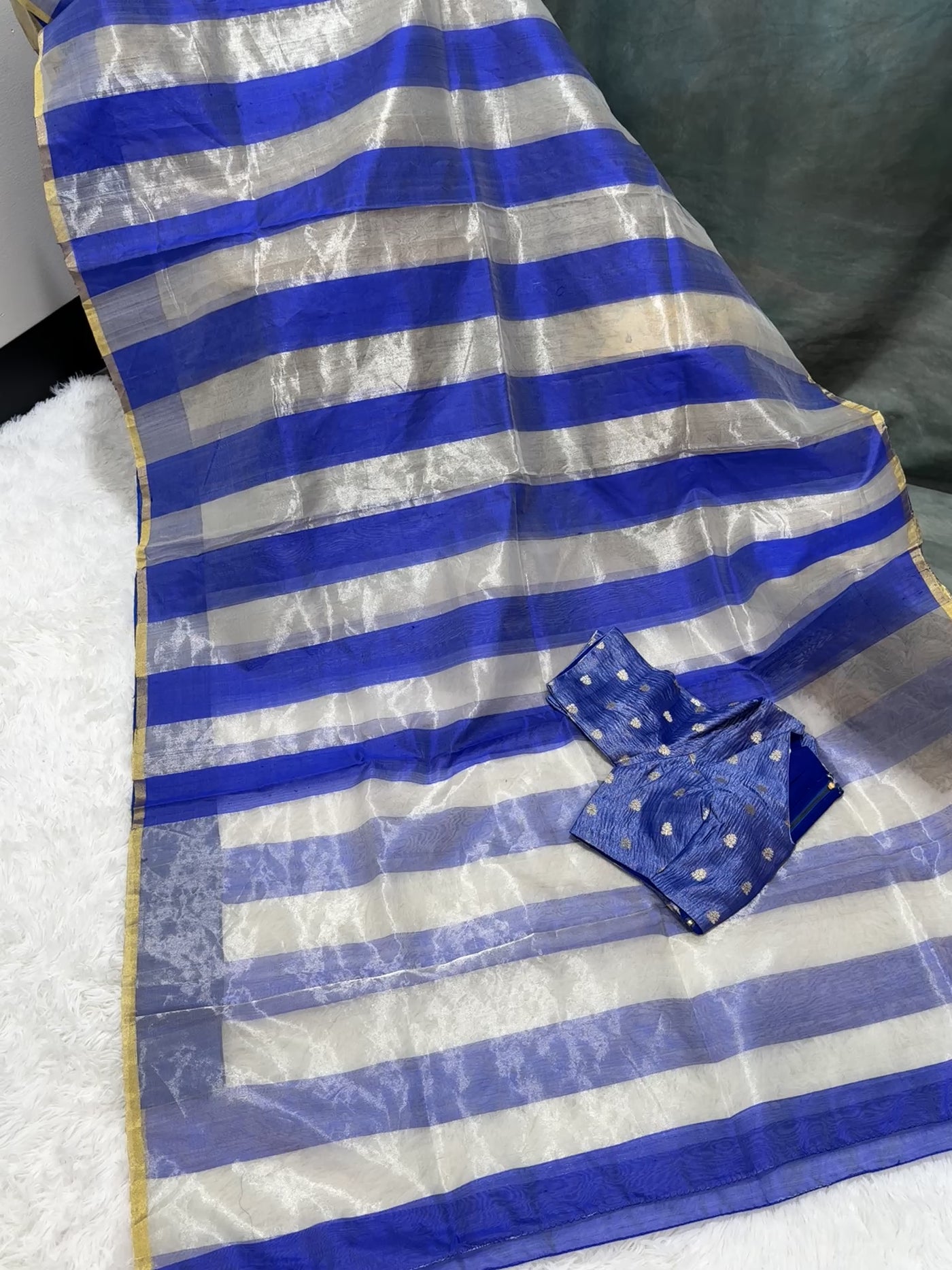 Royal Blue Banarasi Tissue Saree with Silver Stripes & Golden Border, Paired with Contrast Blue Blouse