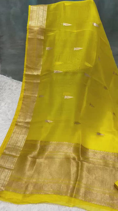 Yellow Banarasi Kora Silk Saree with Gold Zari Border and Matching Blouse