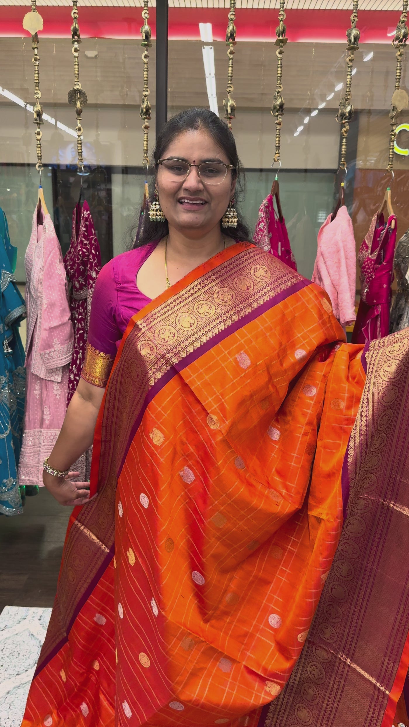 Gadwal Pure Silk Saree – Orange with Maroon Border & Gold Zari, Handwoven Traditional Saree with Designer Blouse