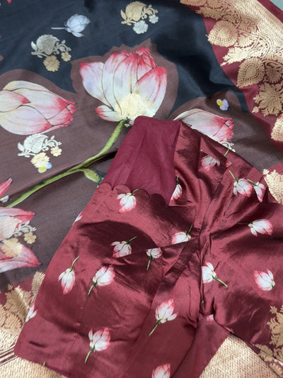 Banarasi Silk Saree – Black with Maroon Border, Lotus Floral Digital Print & Golden Zari Work, with Matching Blouse