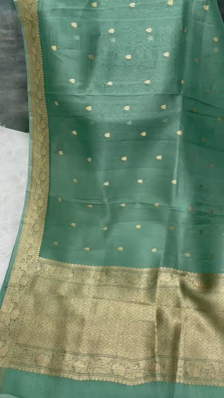 Green Banarasi Kora Silk Saree with Golden Zari Border & Blouse
