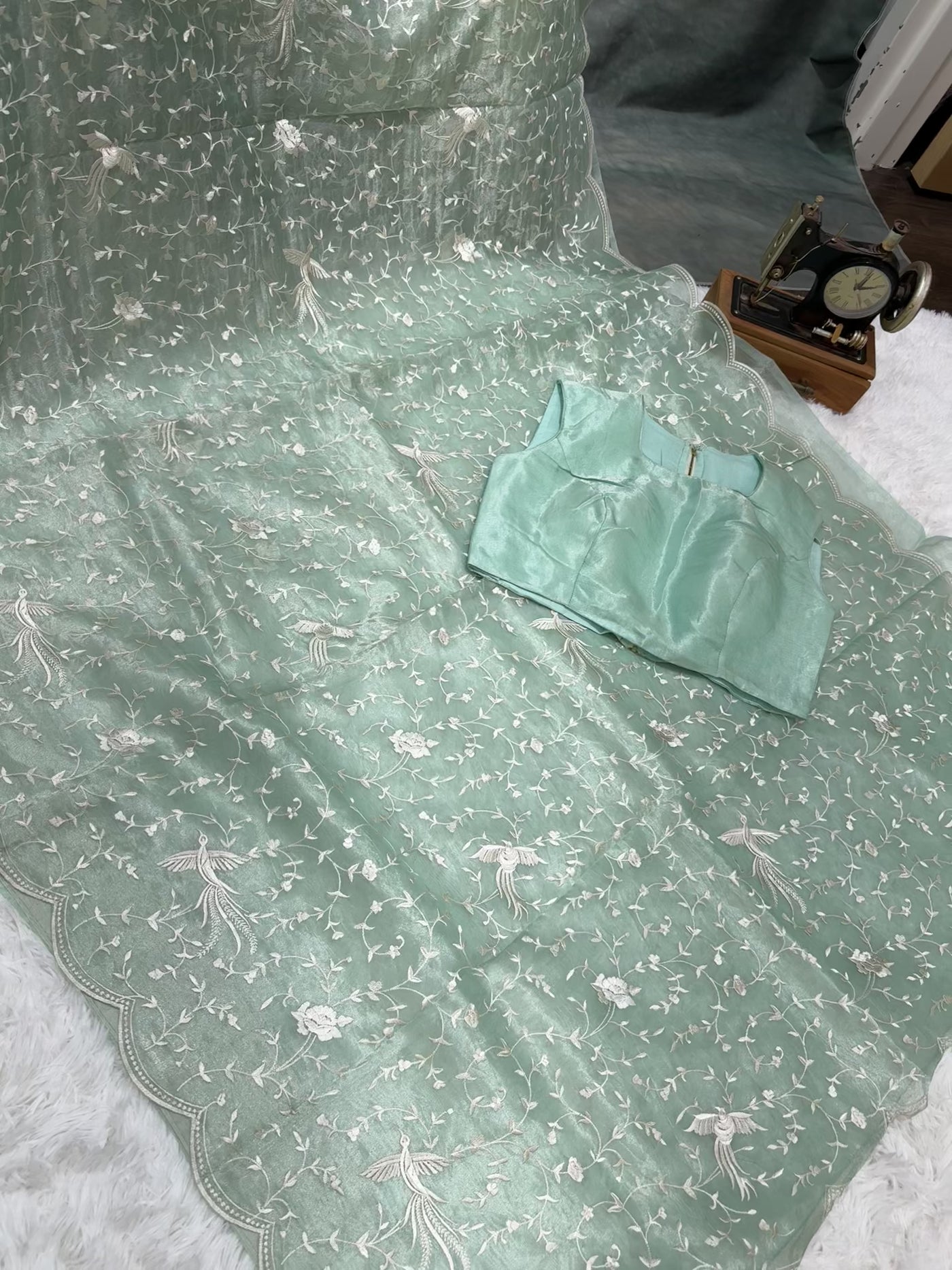 Pastel Green Tissue Organza Saree with White Thread Embroidery & Scallop Border – Paired with Matching Blouse