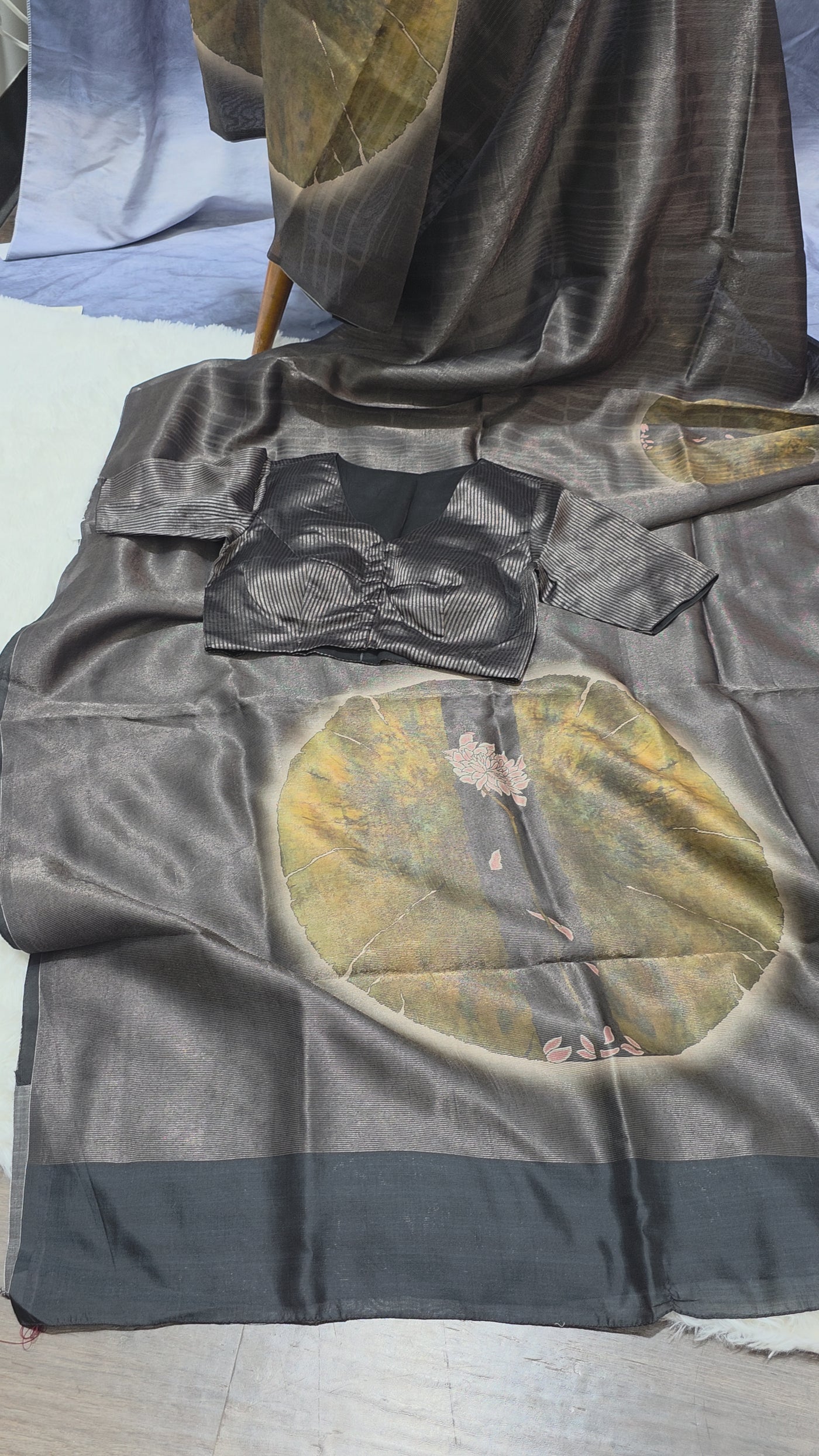 Black Silk Chinia Reshami Zari Saree with Digital Artistic Floral Design with Matching Designer Blouse