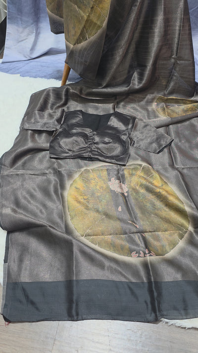 Black Silk Chinia Reshami Zari Saree with Digital Artistic Floral Design with Matching Designer Blouse