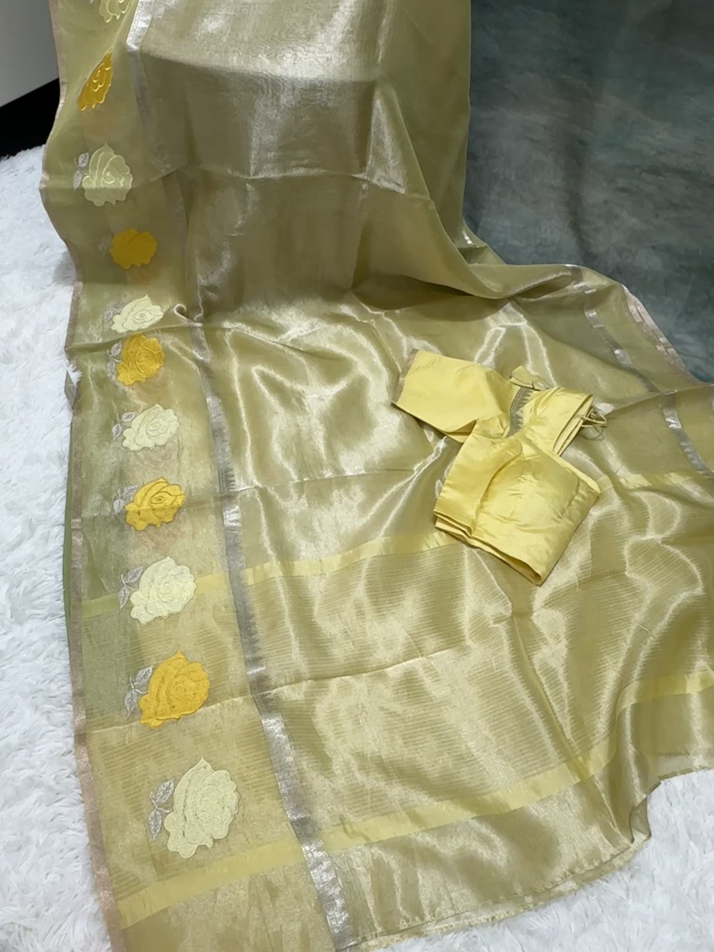 Yellow Banarasi Kora Silk Saree with Rose Motif Border & Matching Blouse