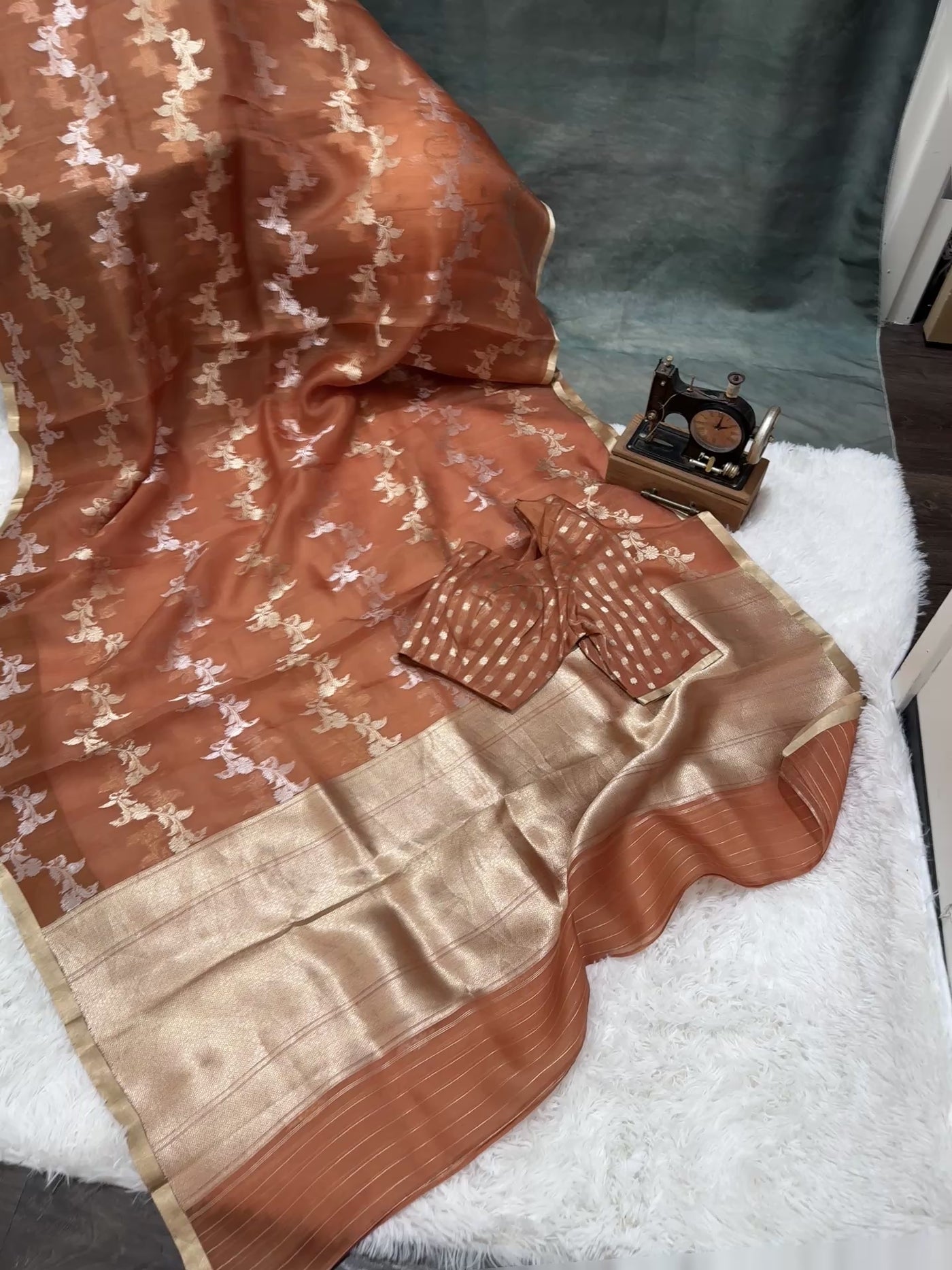 Banarasi Kora Silk Saree – Burnt Orange with Gold Zari Border & Floral Butta Work, Elegant Party Wear Saree with Matching Blouse