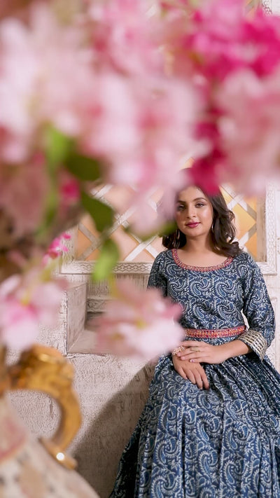 BLUE FULL LENGTH GOWN WITH DIGITAL PRINTS