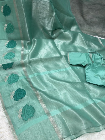 Teal Blue Banarasi Kora Silk Saree with Rose Motif Border & Matching Blouse