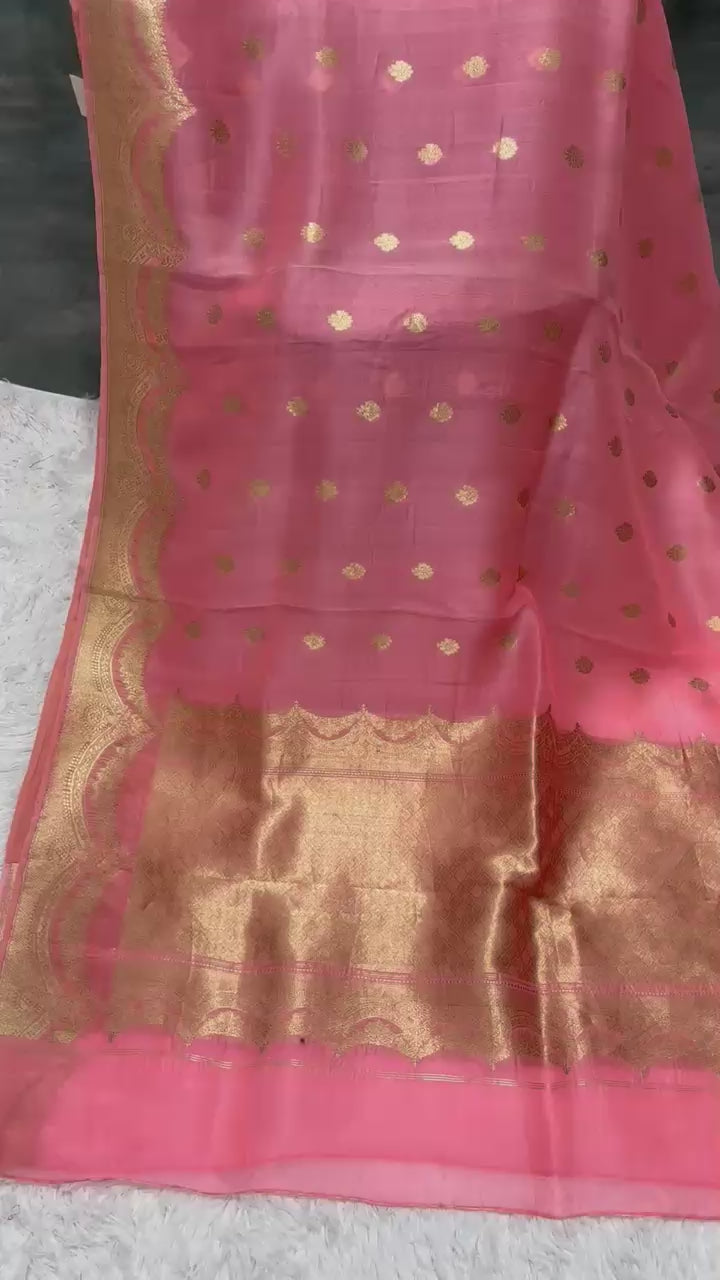 Elegant Peach Banarasi Kora Saree with Golden Zari Border & Scallop Design