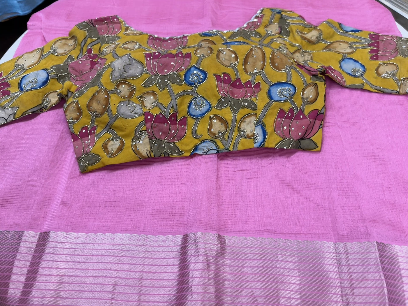 Baby pink Mangalgiri saree with stitched blouse