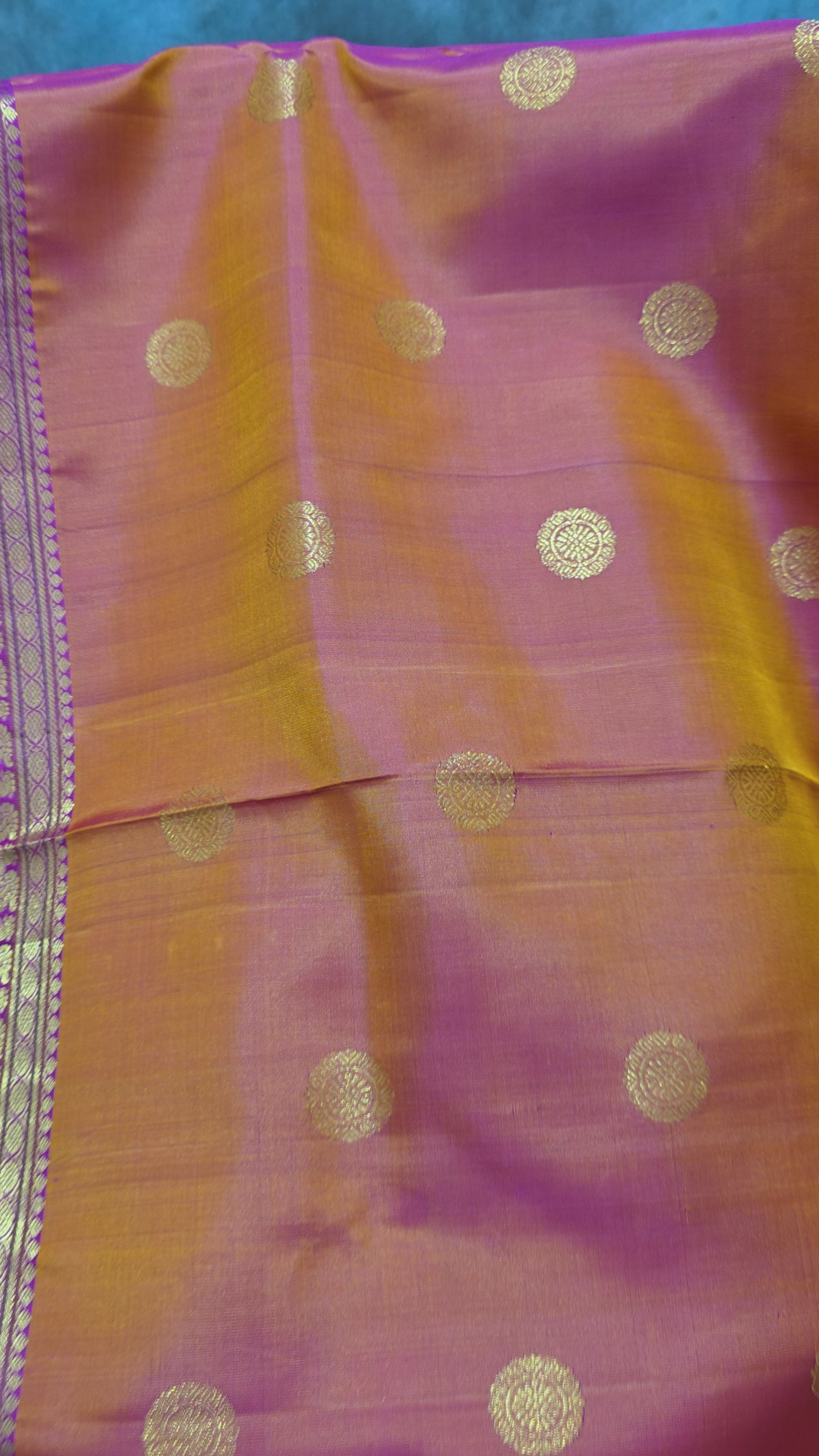 Kanchipattu Silk Saree – Orange & Pink Dual Tone with Gold Zari Weave and Embroidered Blouse