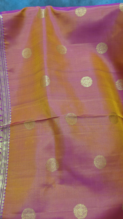 Kanchipattu Silk Saree – Orange & Pink Dual Tone with Gold Zari Weave and Embroidered Blouse