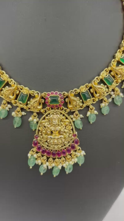 Antique Temple Necklace Set with Goddess Lakshmi Pendant, Green Stones & Ruby Accents