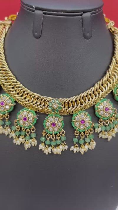 Gold-Tone Floral Choker Necklace Set with Green Enamel & Pearl Drops