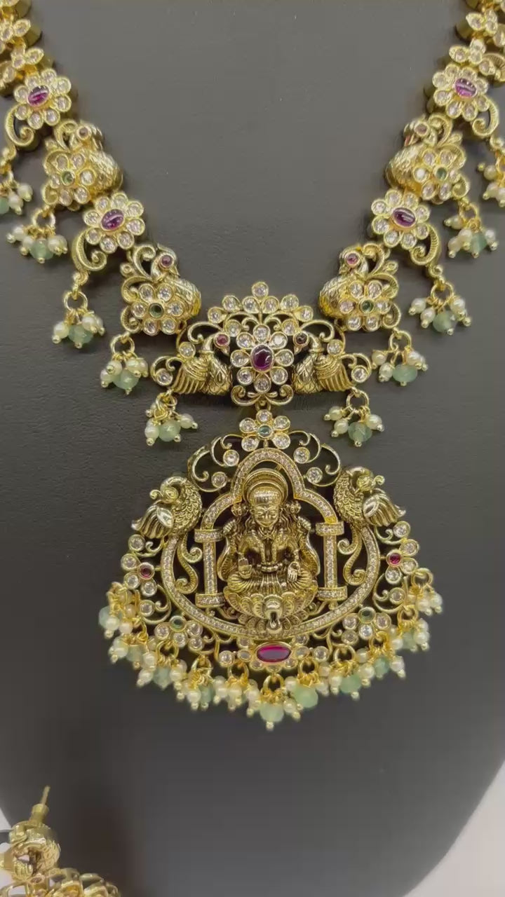 Antique Temple Necklace Set with Lakshmi Pendant, Ruby Accents & Pearl Drops