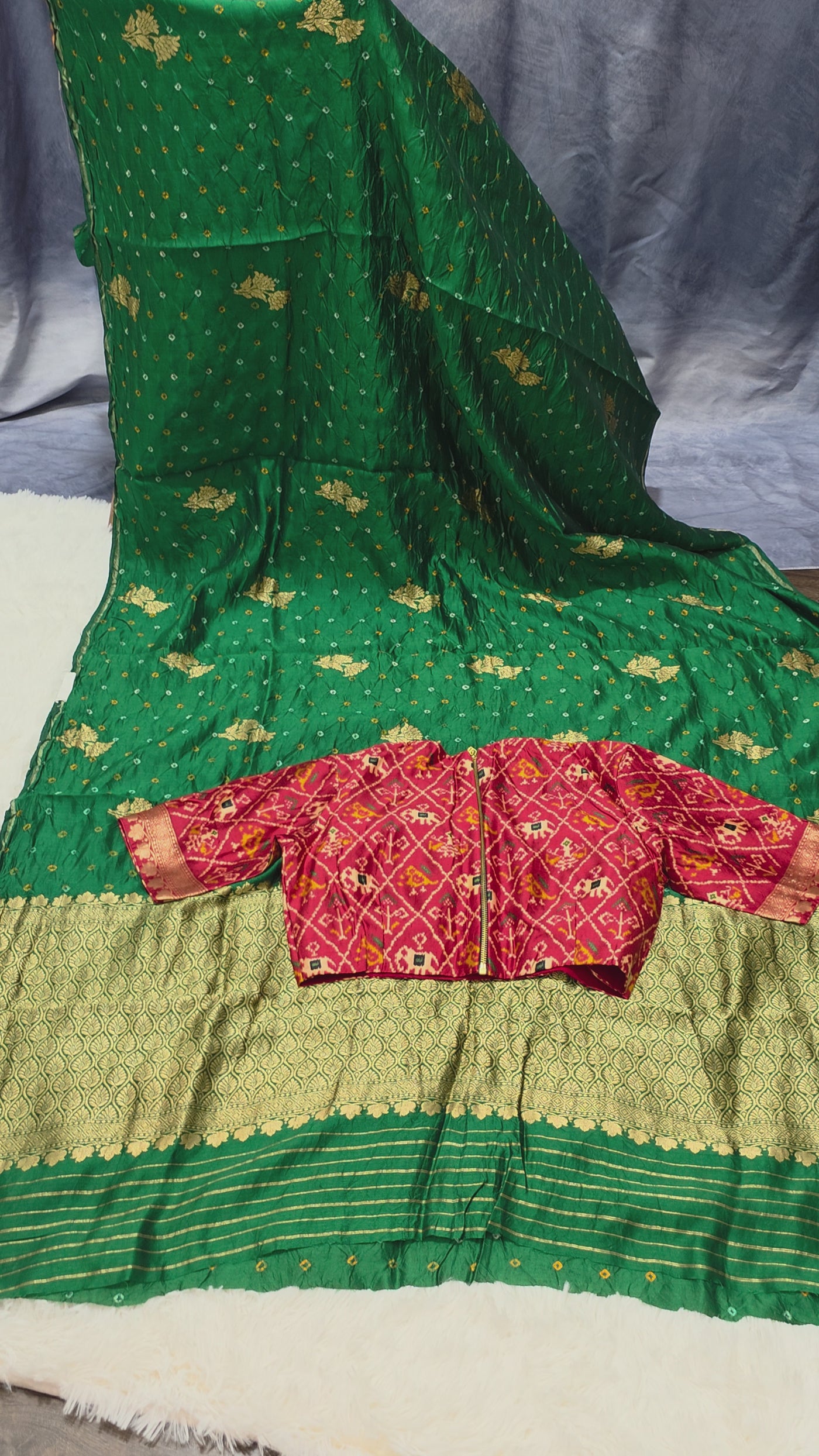 Green Silk Chinia Handloom Bandhani Saree with Gold Zari Border & Red Ikat Blouse