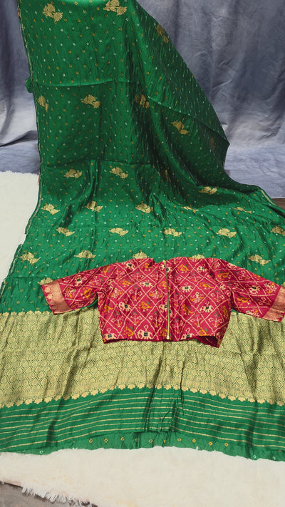 Green Silk Chinia Handloom Bandhani Saree with Gold Zari Border & Red Ikat Blouse