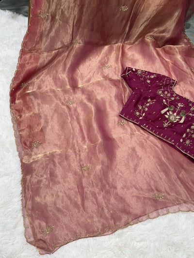 Pink & Gold Dual Tone Tissue Saree with Embroidered Wine Blouse – Elegant Party Wear Saree