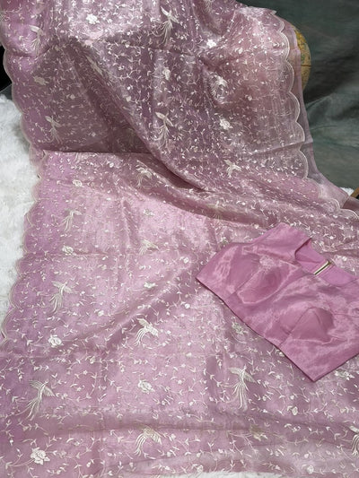 Pink Tissue Organza Saree – Delicate Floral & Bird Embroidery with Scallop Border, Paired with Matching Blouse