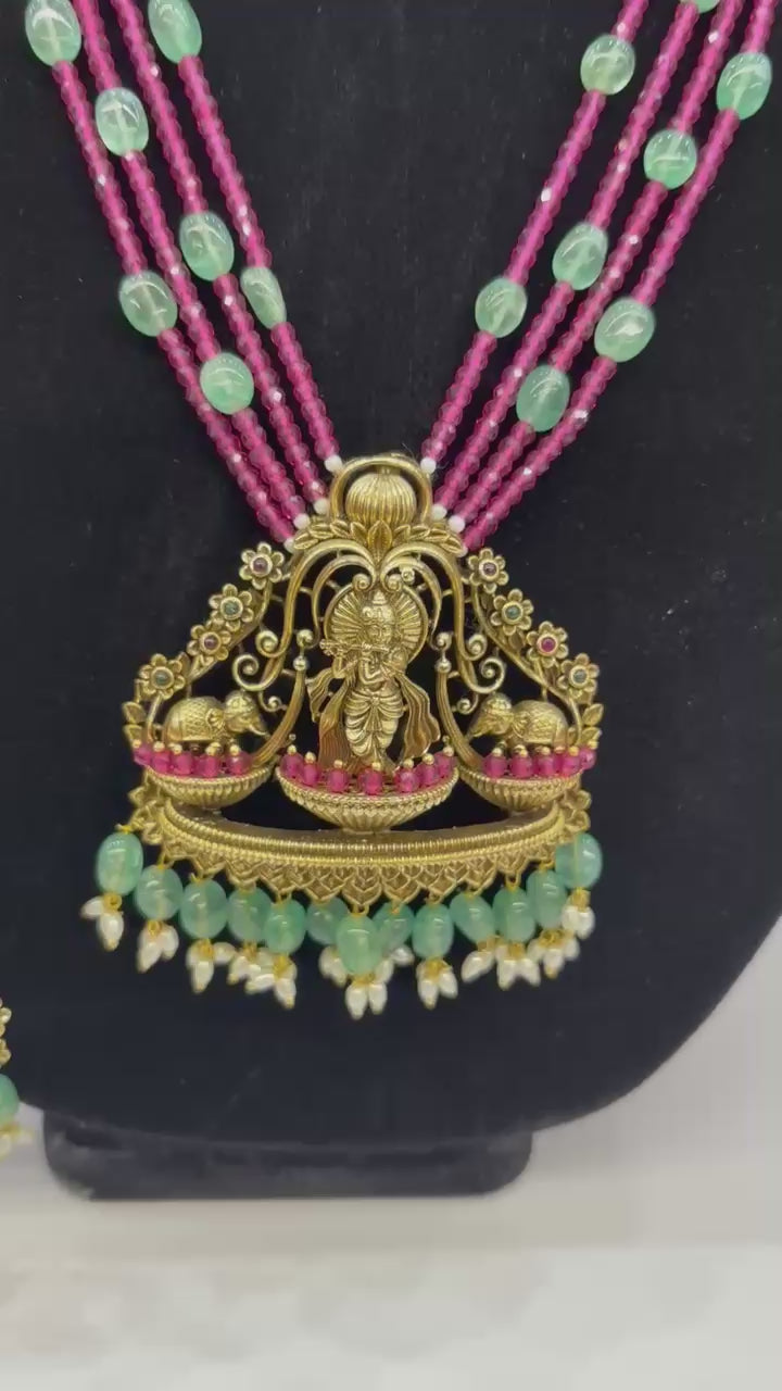 Traditional Temple Jewellery Set – Antique Gold Finish with Pearl, Ruby & Emerald Beads