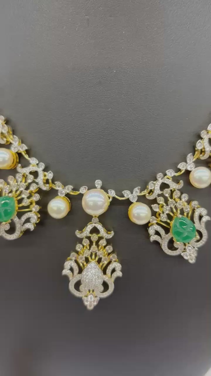 Gold & Silver-Tone Necklace Set with Green Stone Carvings, Pearls & CZ Accents