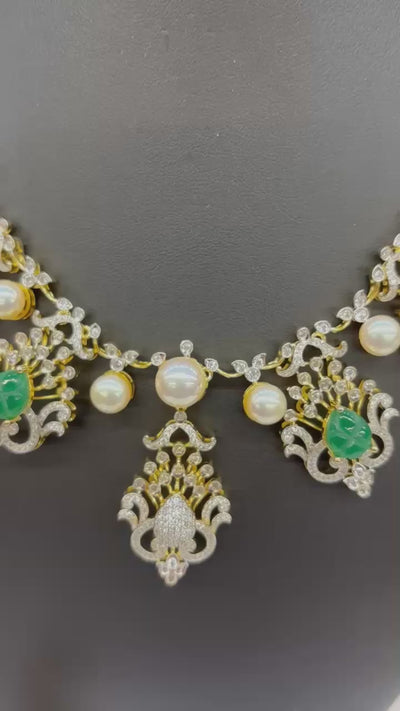 Gold & Silver-Tone Necklace Set with Green Stone Carvings, Pearls & CZ Accents