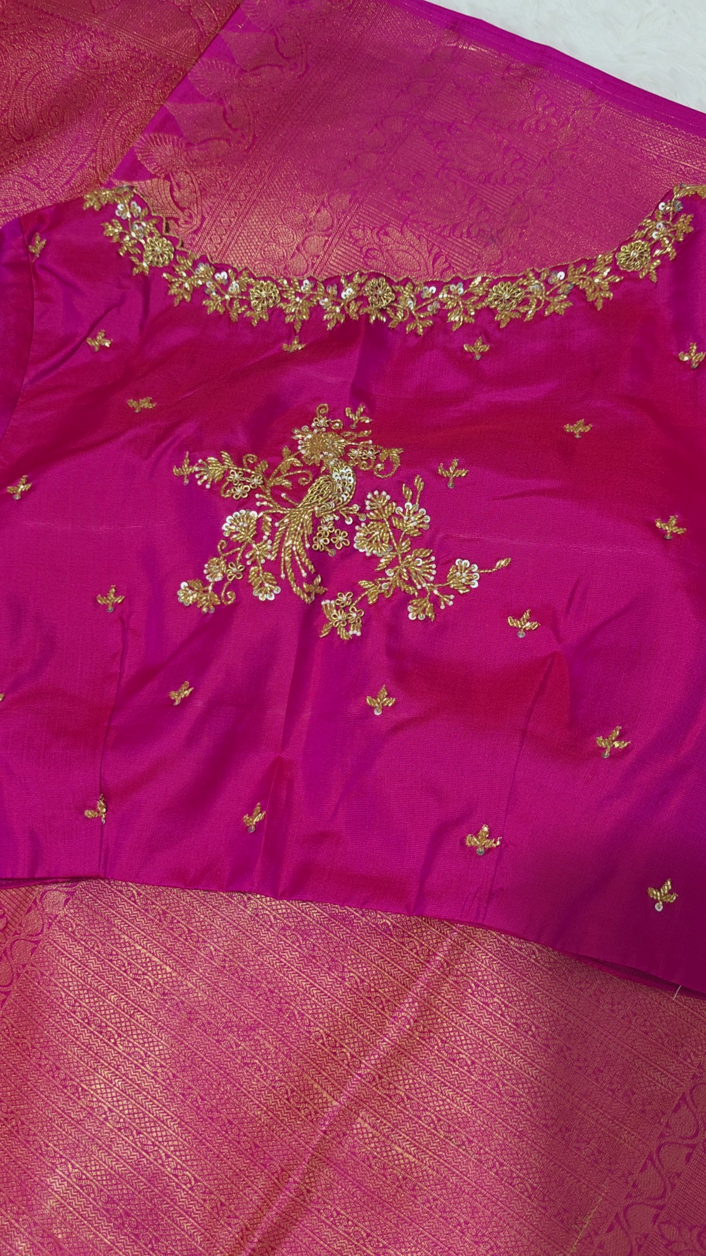 Rani Pink Kanchipuram Pattu Saree with Golden Paisley Zari & Embroidered Blouse