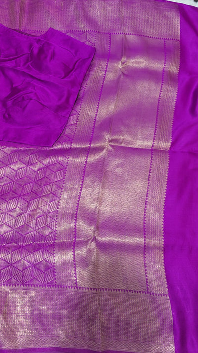 Purple Katan Silk Saree with Gold Zari Weave and Matching Stitched Blouse