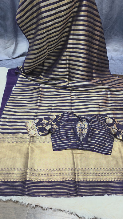 Pure Katan Silk Butti Saree with Double Pallu Zari – Navy Blue & Gold