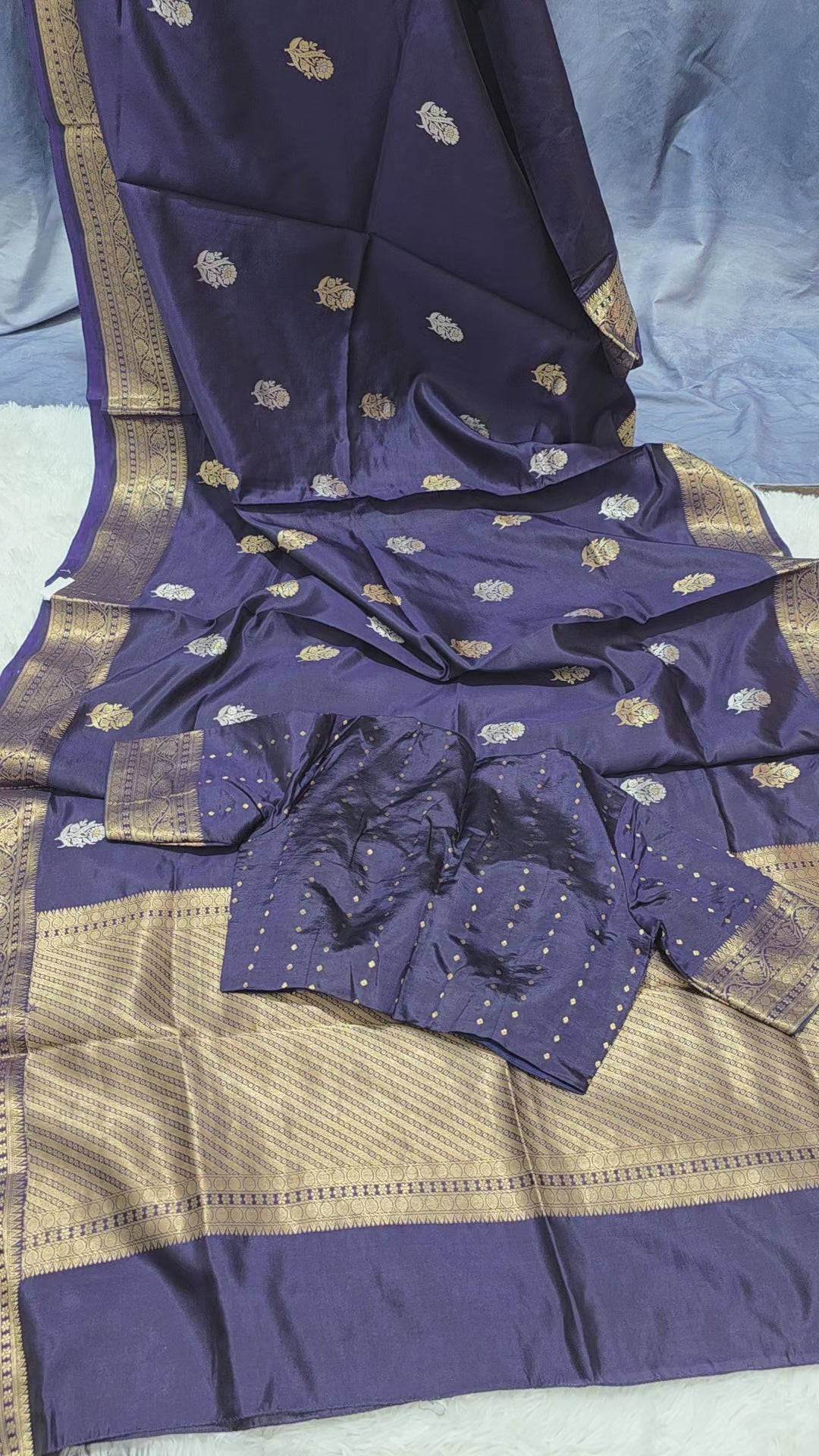 Navy Blue Puna Silk Saree with Zari Border & Gold Butti