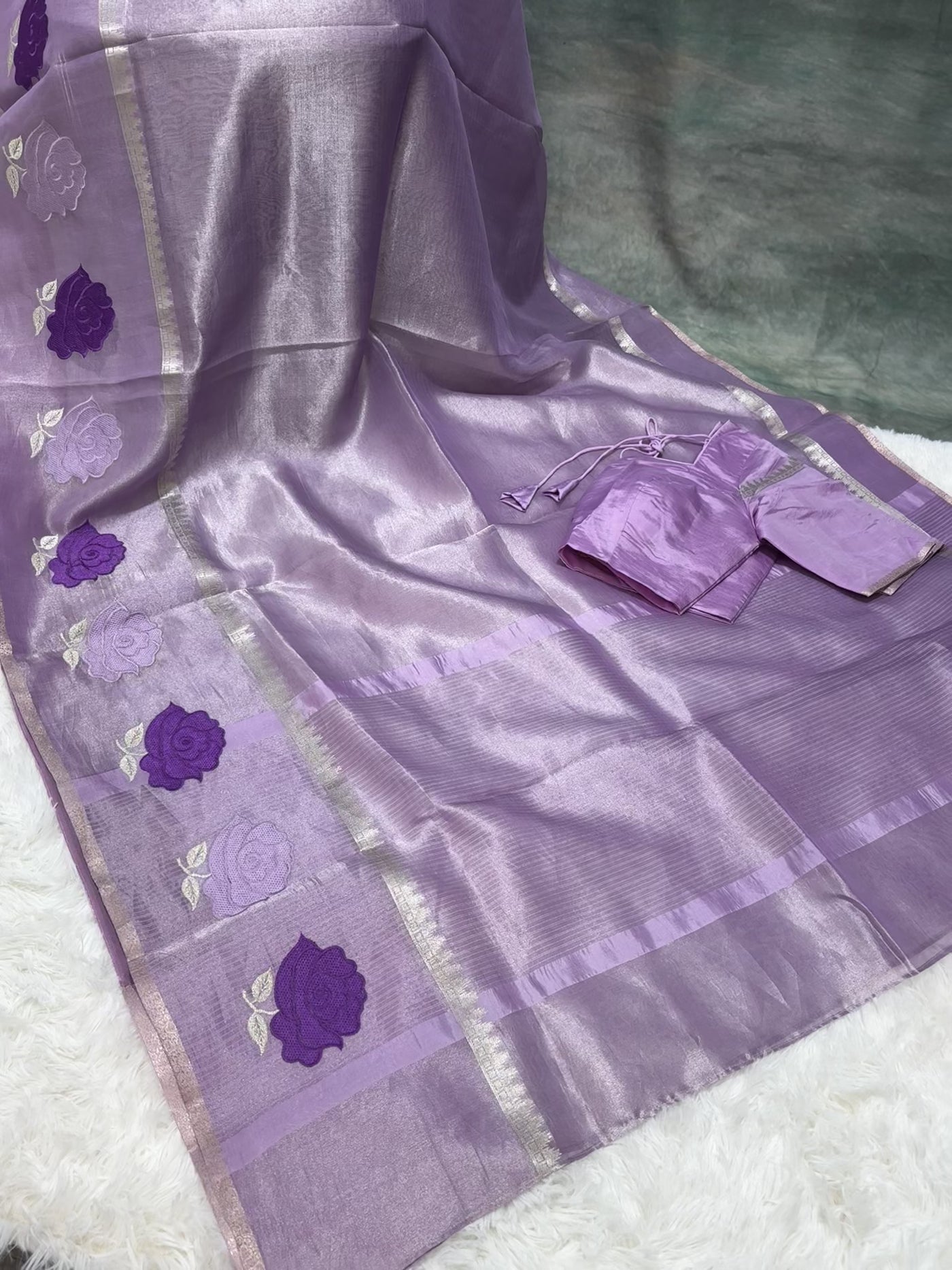 Lavender Banarasi Kora Silk Saree with Rose Motif Border & Matching Blouse