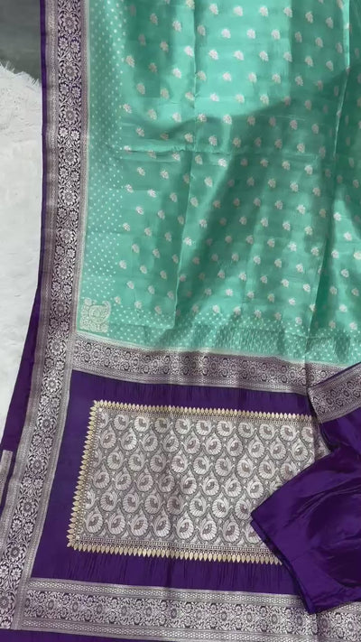 Aqua Green Banarasi Silk Saree with Purple Zari Border & Matching Blouse