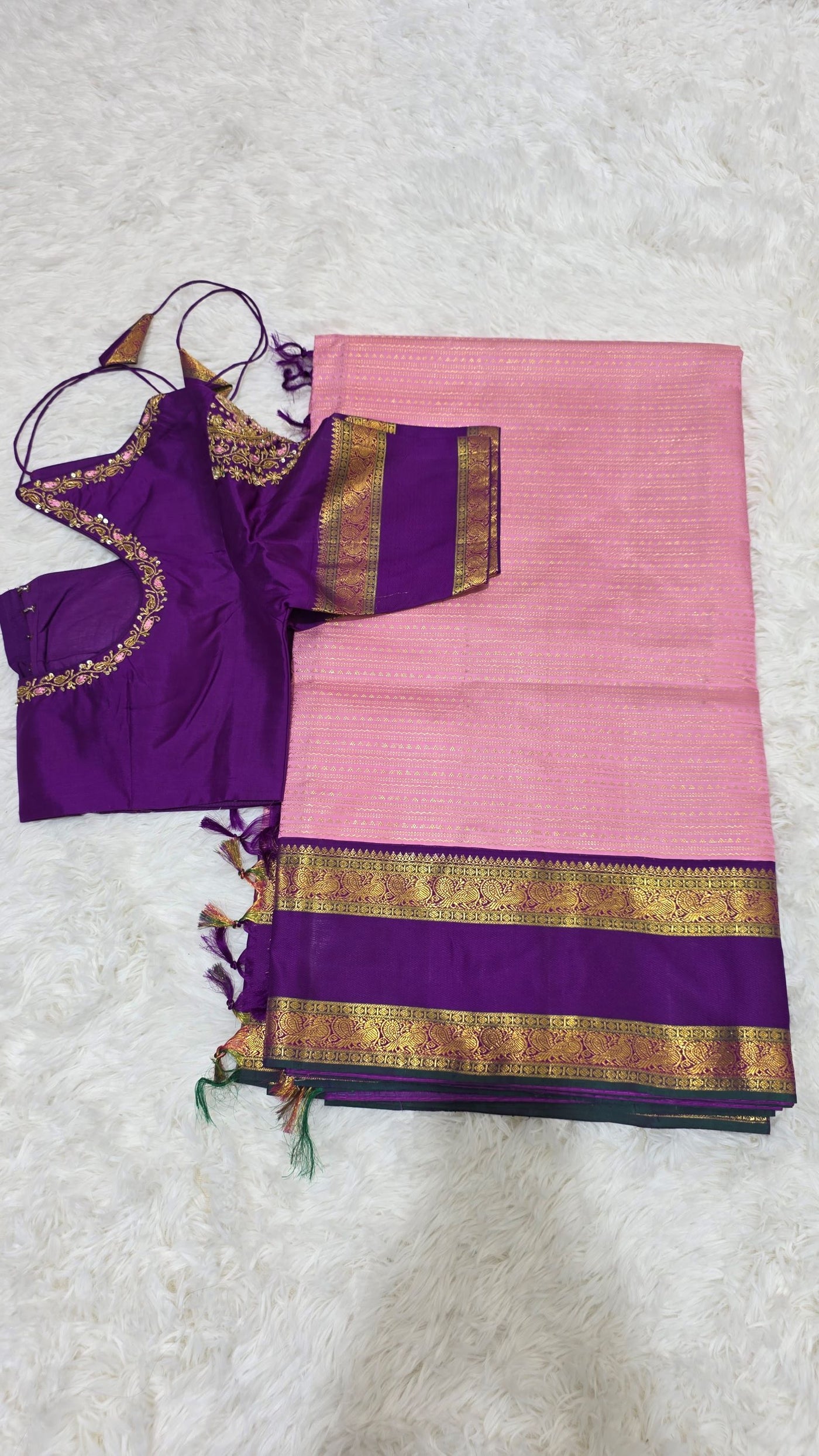 Kanchipattu Silk Saree – Baby Pink with Purple Border & Zari Work, Elegant Designer Blouse