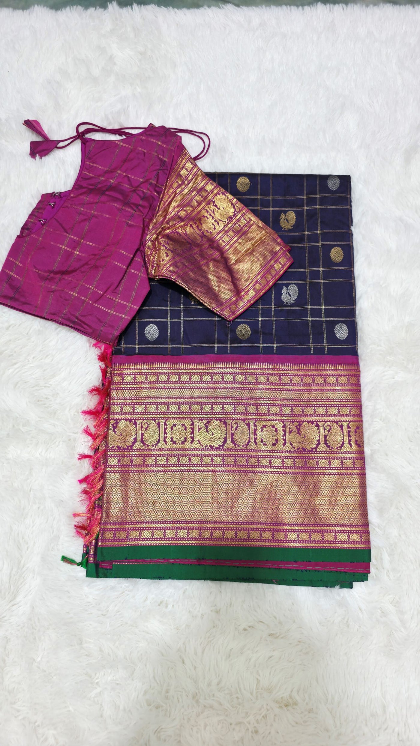 Gadwal Pure Silk Saree – Navy Blue, Handwoven Traditional Indian Saree with Matching Blouse