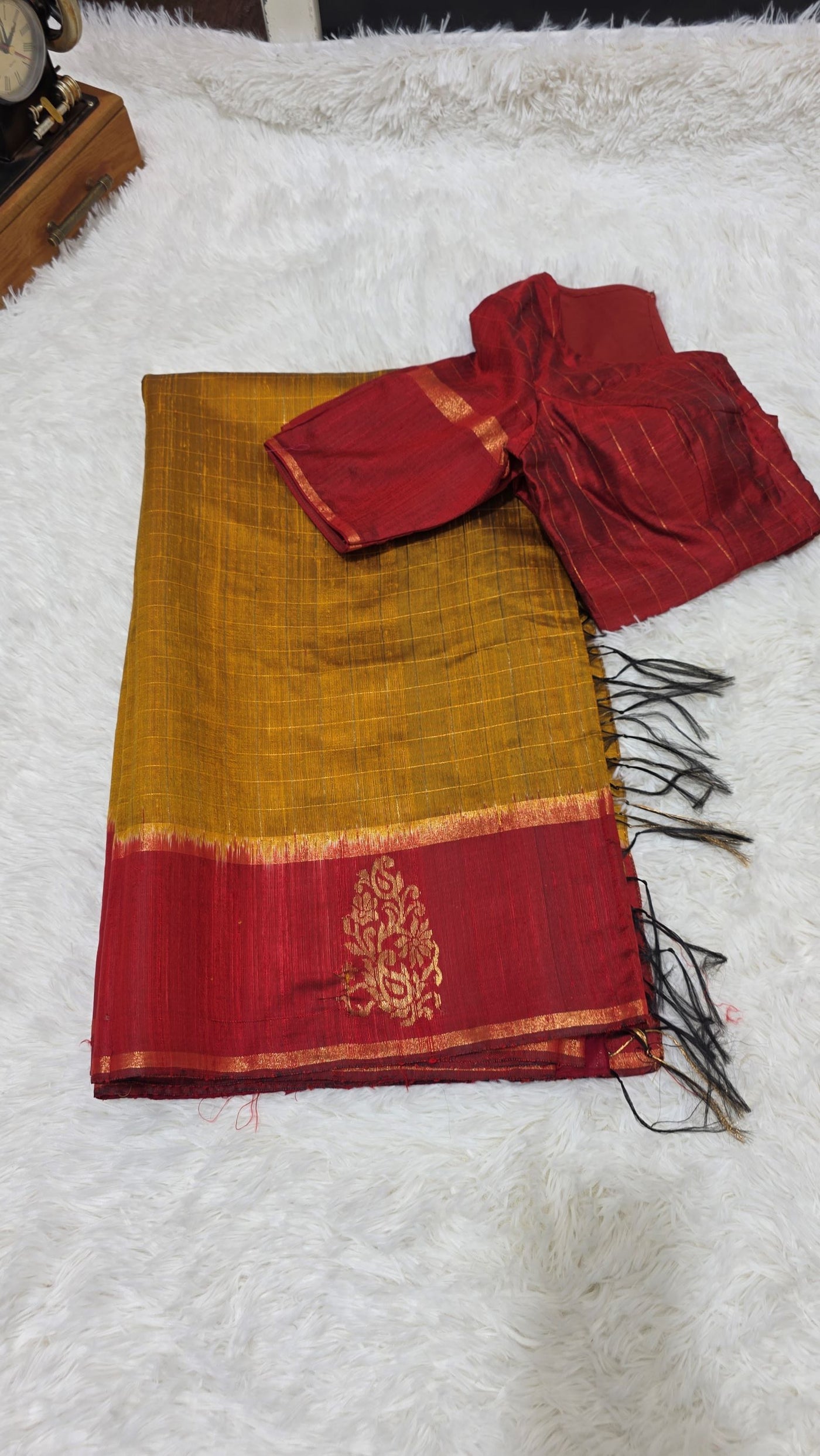 Khadi Silk Saree – Mustard Yellow with Maroon Border & Rich Golden Zari Weaving, Handloom Traditional Saree with Matching Blouse