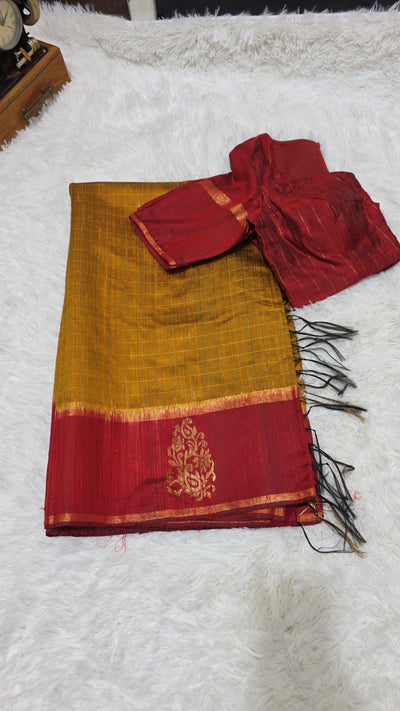 Khadi Silk Saree – Mustard Yellow with Maroon Border & Rich Golden Zari Weaving, Handloom Traditional Saree with Matching Blouse