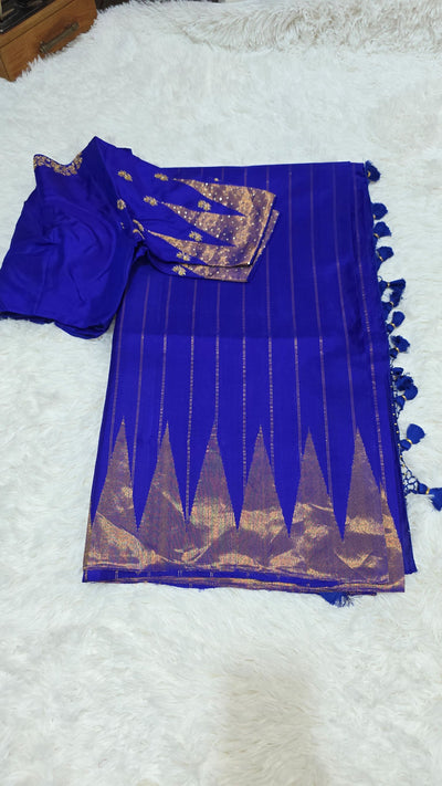 Royal Blue Gadwal Silk Saree with Golden Zari Accents & Embroidered Designer Blouse