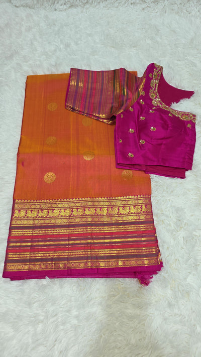Kanchipattu Silk Saree – Orange & Pink Dual Tone with Gold Zari Weave and Embroidered Blouse