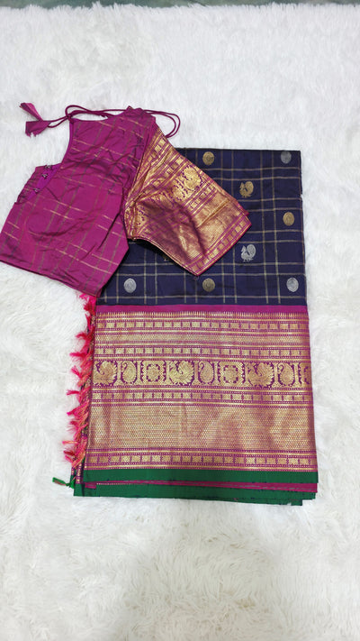 Gadwal Pure Silk Saree – Navy Blue, Handwoven Traditional Indian Saree with Matching Blouse