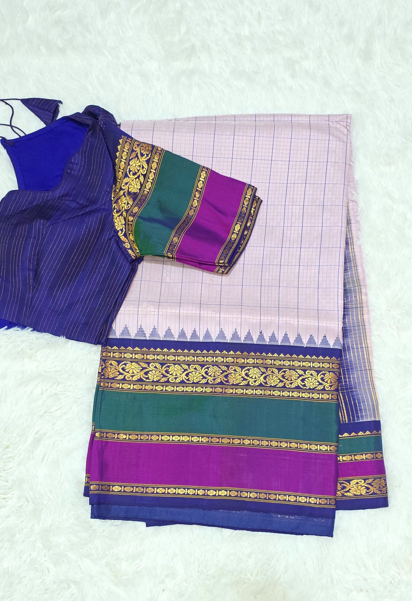 Gadwal Silk Saree – Soft Pink with Contrast Green & Magenta Border, Handwoven Traditional Saree with Blue Blouse