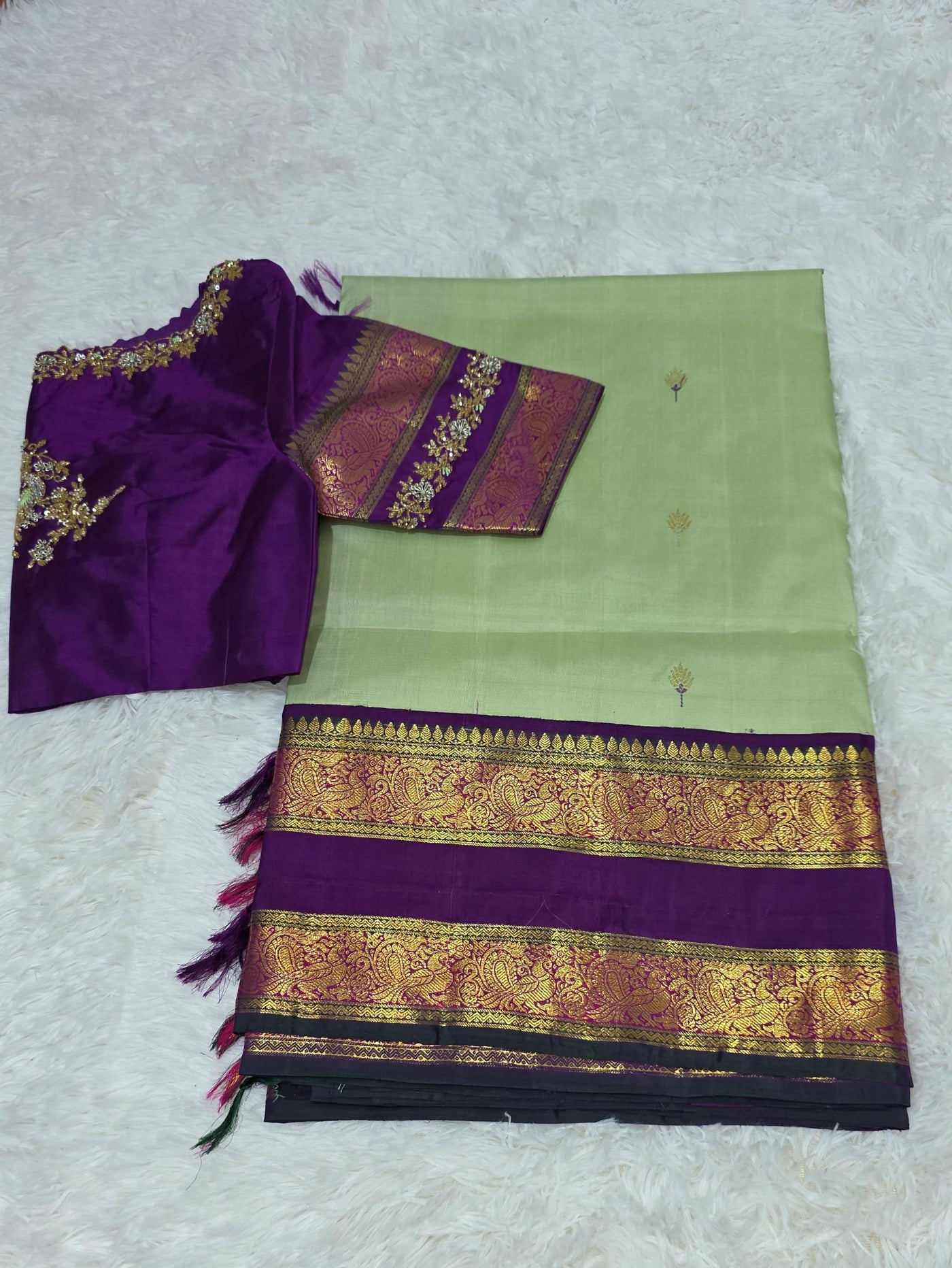 Light Green & Purple Kanchipattu Saree with Rich Zari Border and Embroidered Blouse