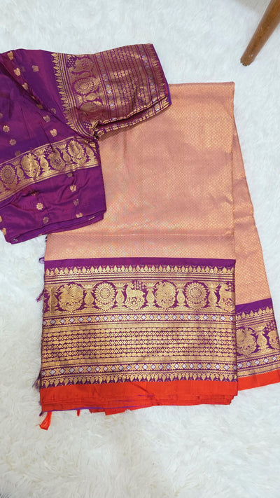 Gadwal Pure Silk Saree – Peach Body with Purple Zari Border & Rich Pallu, Handwoven Traditional Saree with Contrast Blouse