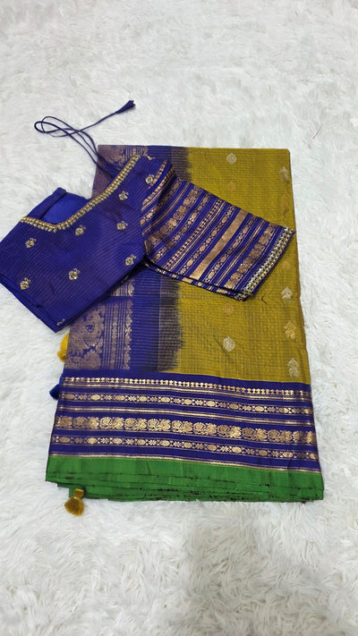 Gadwal Pure Silk Saree – Mustard Green with Royal Blue Border & Blouse, Handwoven with Rich Gold Zari Work