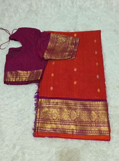 Gadwal Cotton Silk Saree – Red with Pink Border & Golden Zari Weaving, Handwoven Traditional Saree with Contrast Blouse