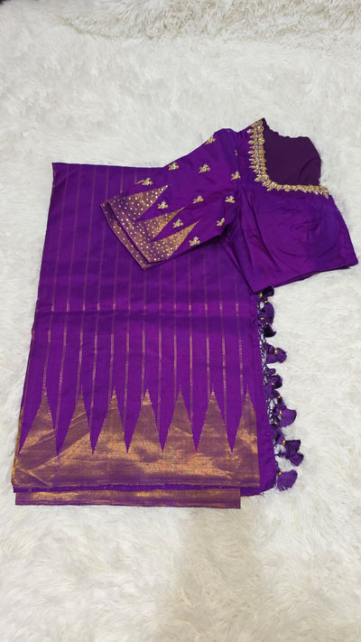 Purple Gadwal Silk Saree with Golden Zari Accents & Designer Blouse