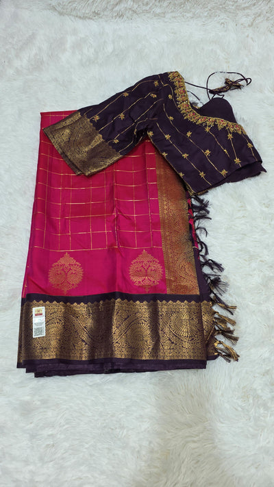 Kanchipuram Pattu Saree – Pink with Deep Purple Border & Rich Golden Zari Weaving, Handwoven Bridal Silk Saree with Designer Blouse