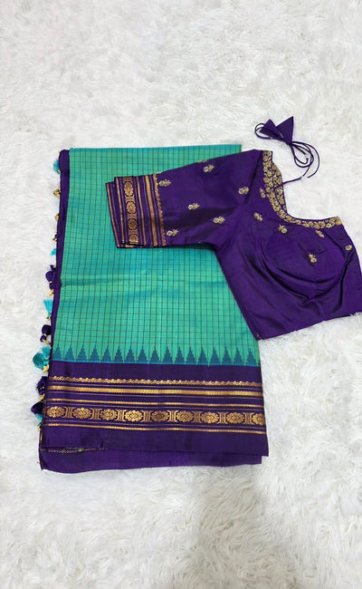 Gadwal Silk Saree – Teal Green with Purple Border & Zari Work, Handwoven Traditional Saree with Embroidered Blouse