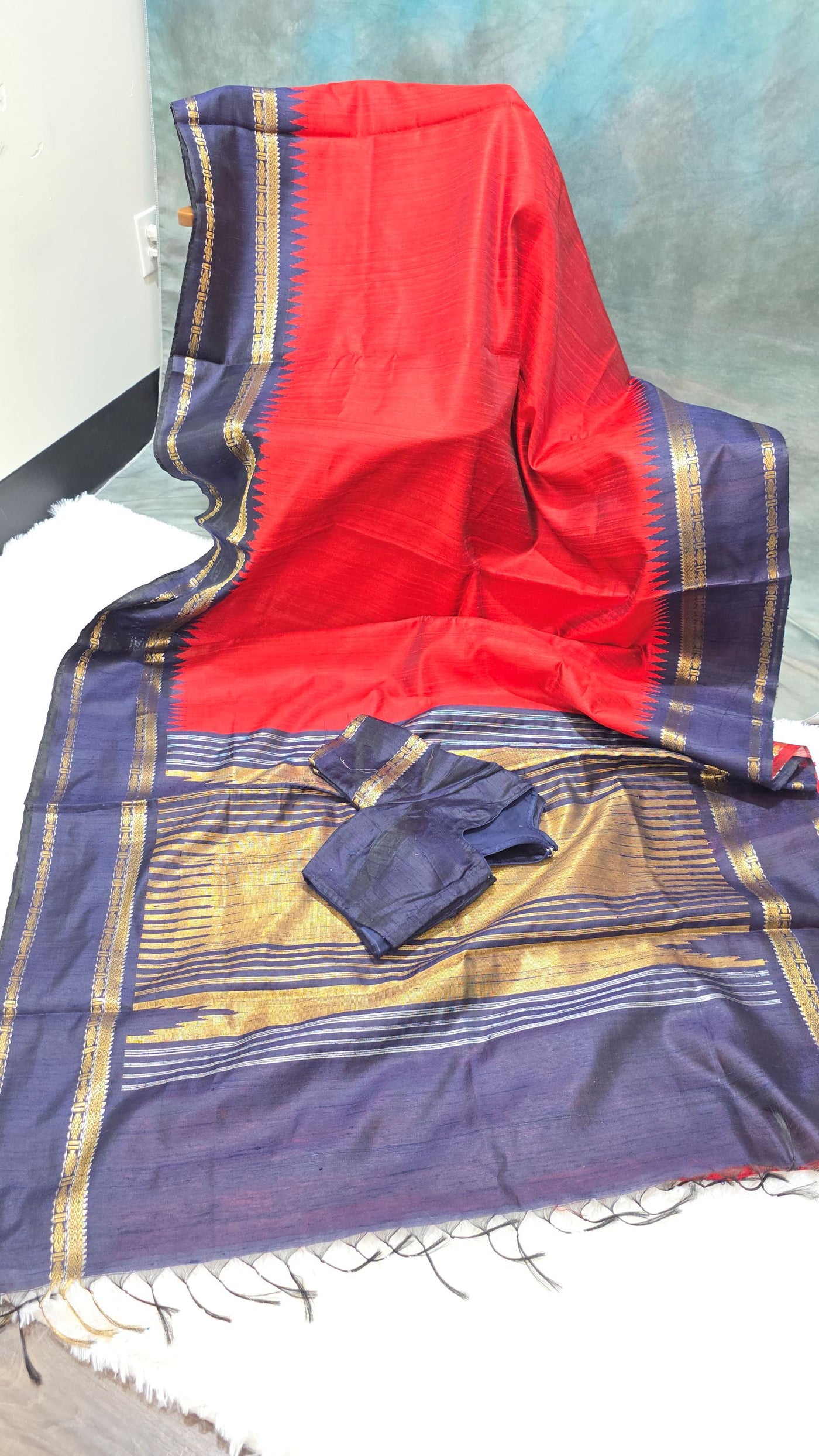 Khadi Silk Saree – Red with Navy Blue Border & Golden Zari Work, Handwoven Traditional Saree with Matching Blouse