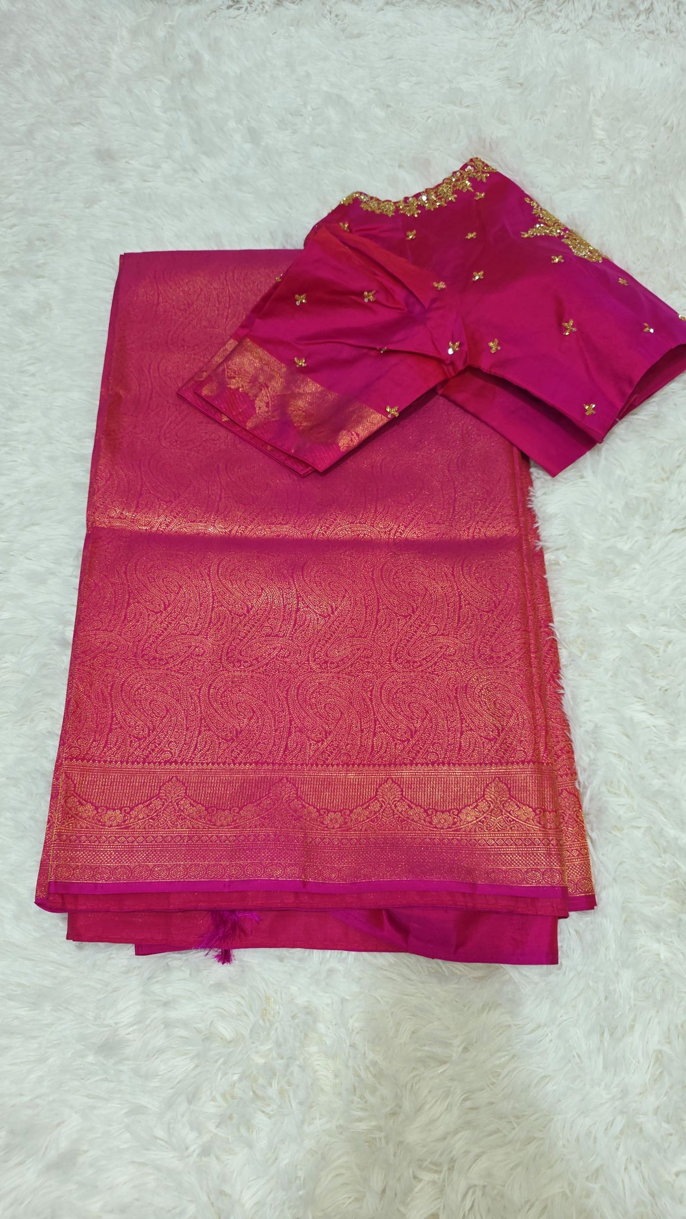 Rani Pink Kanchipuram Pattu Saree with Golden Paisley Zari & Embroidered Blouse