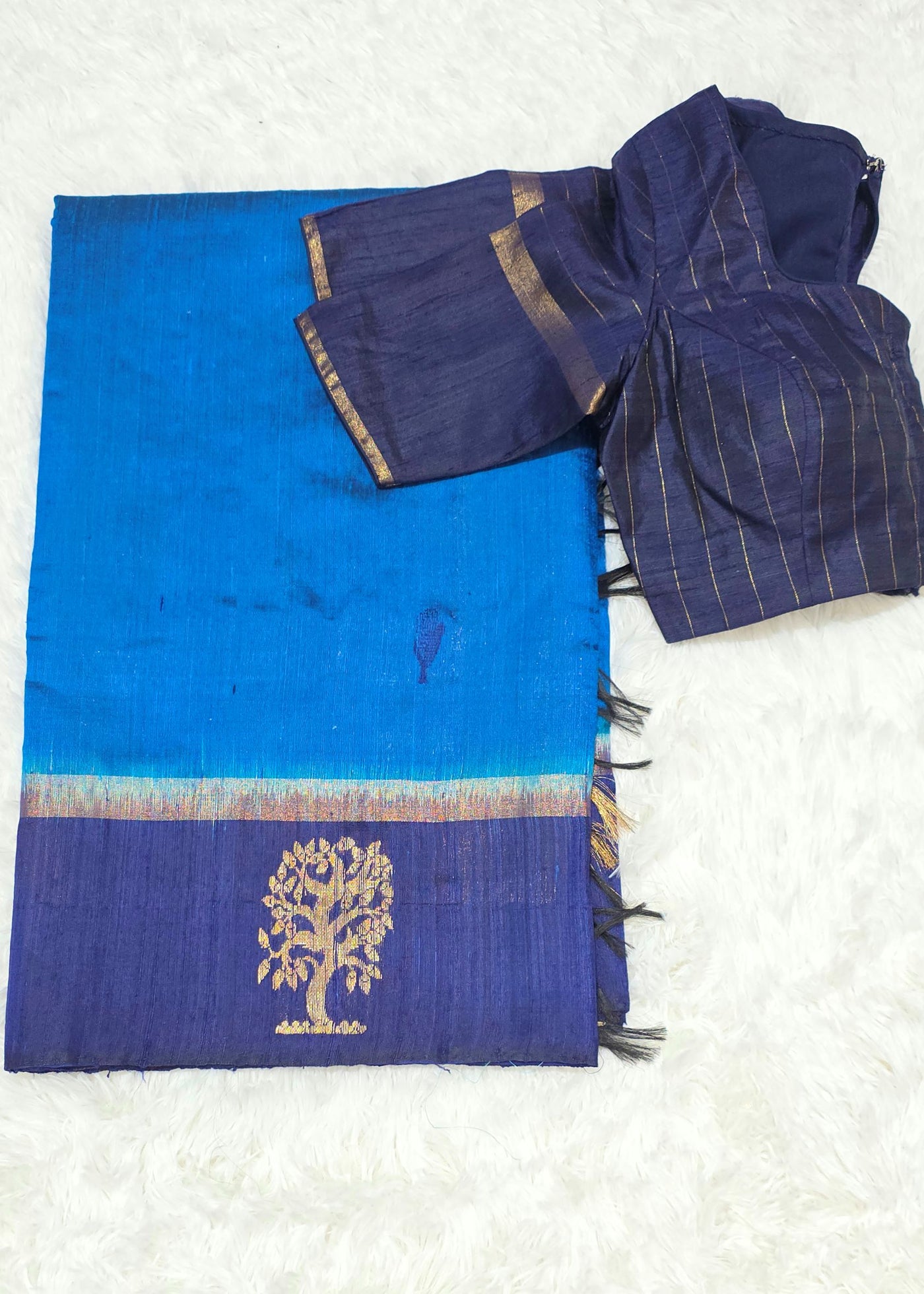 Khadi Silk Saree – Royal Blue with Purple Border & Golden Zari Motifs, Handwoven Traditional Indian Saree with Matching Blouse